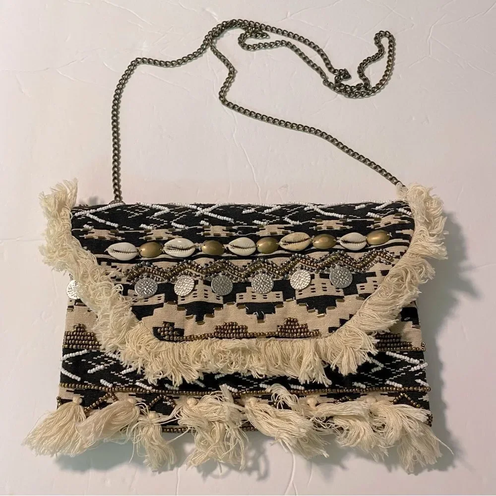 Express Boho Beaded Crossbody Envelope Bag Purse Fringe Seashells medallion